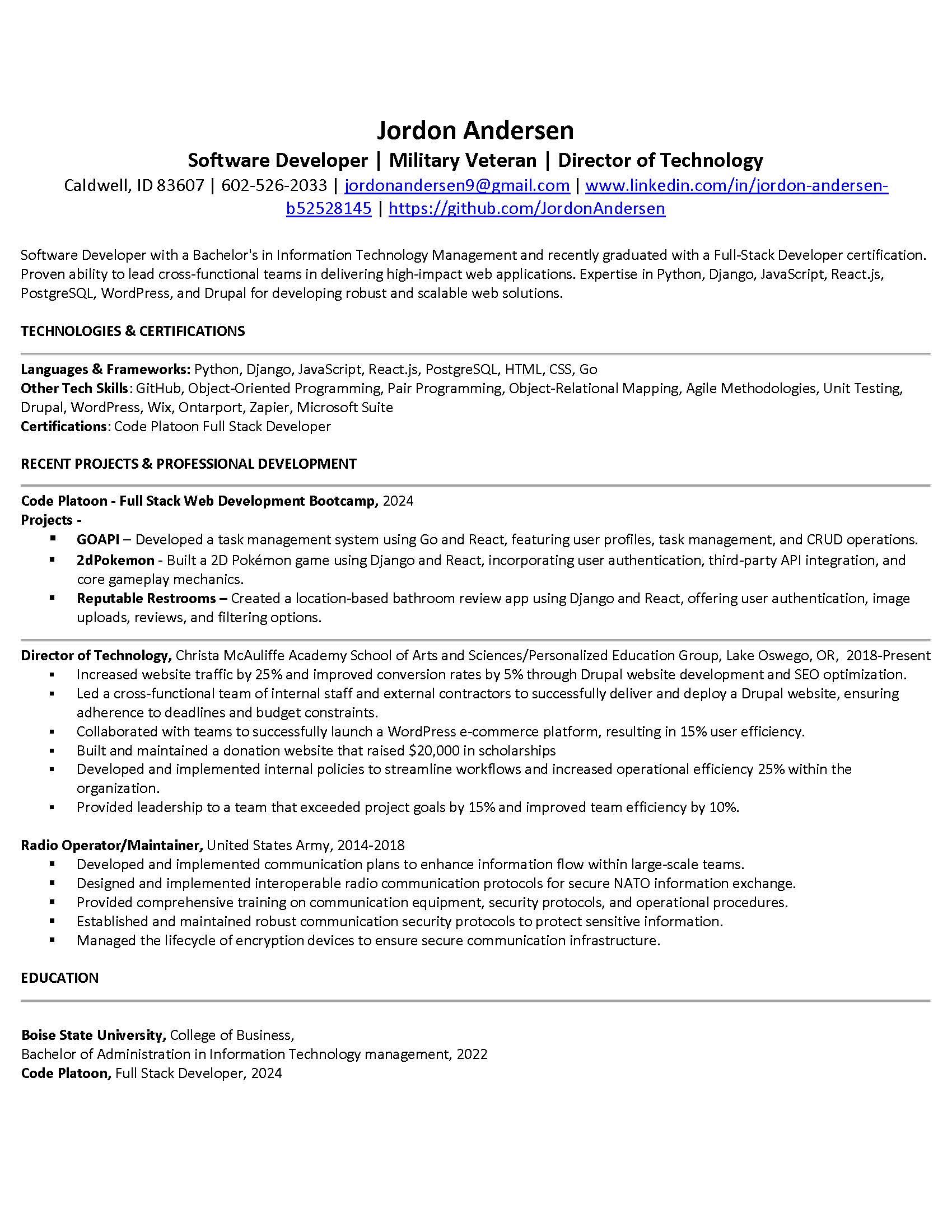 Jordon Andersen Resume Software Developer